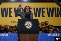 U.S. Vice President and Democratic presidential nominee Kamala Harris speaks during a campaign rally at Burns Park in Ann Arbor, Michigan, on Oct. 28, 2024.