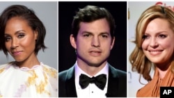FILE - This combination photo shows, from left, actors Jada Pinkett Smith, Ashton Kutcher, and Katherine Heigl. The actors will serve as presenters at the CMT Awards, June 7, in Nashville, Tennessee. 