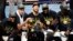 The Golden State Warriors celebrate after defeating the Cleveland Cavaliers to win the 2018 NBA Finals at Quicken Loans Arena, June 8, 2018, in Cleveland, Ohio.