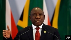 FILE - South African President Cyril Ramaphosa addresses a media conference at the end of the BRICS Summit in Johannesburg, South Africa, Friday, July 27, 2018.