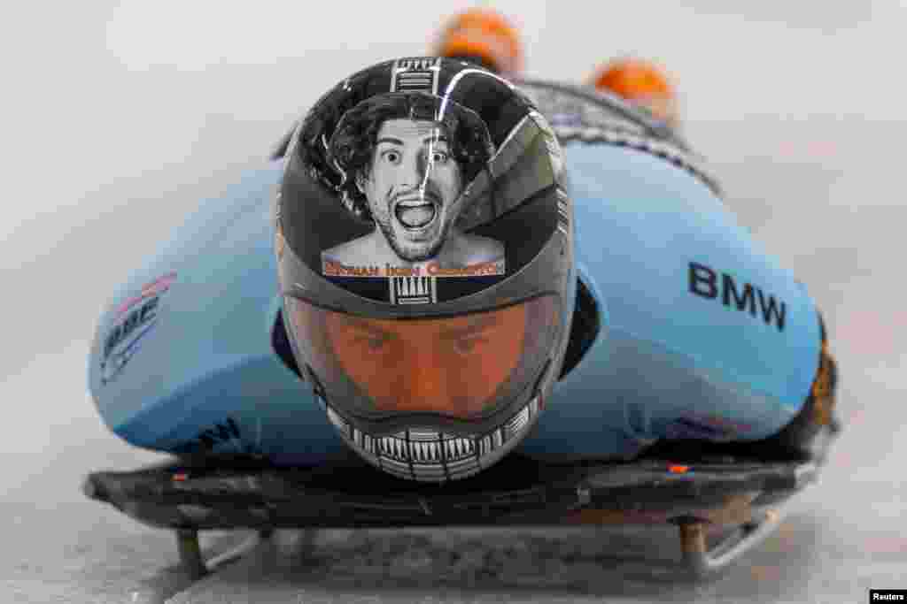 American Samoa&#39;s Nathan Crumpton competes during the first run of men&#39;s skeleton at the Bobsleigh and Skeleton World Championships in Altenberg, eastern Germany.