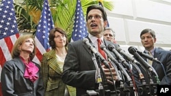 House Majority Leader Eric Cantor of Va., center, speaks about the upcoming vote to repeal the health care bill during a news conference on Capitol Hill in Washington, flanked by other GOP House representatives, 19 Jan, 2011