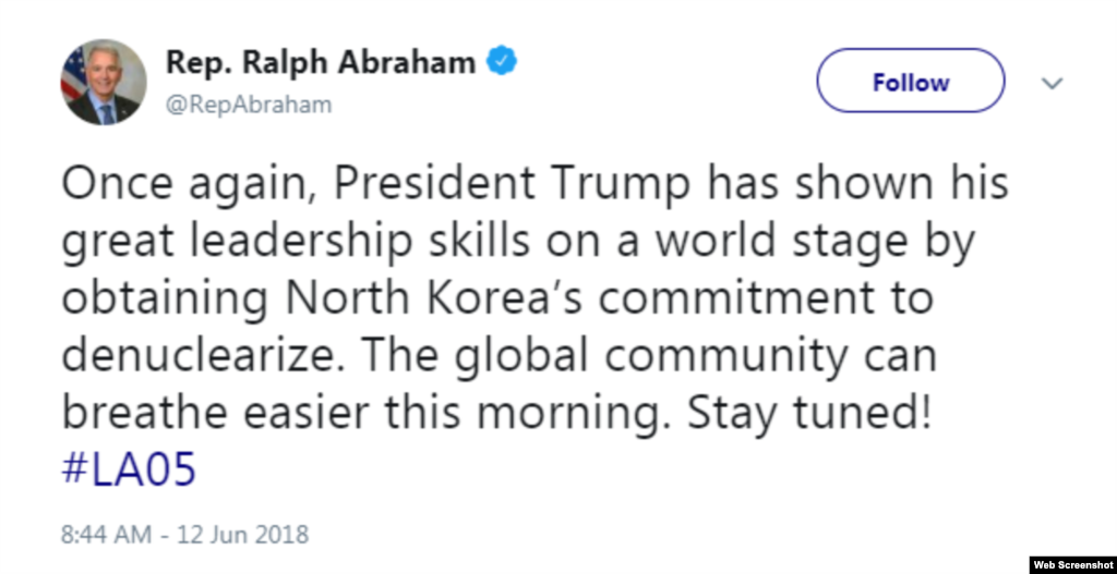 Republican congressman Ralph Abraham, from&nbsp;Louisiana, said the world "can breathe easier this morning" following the summit.