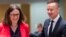 European Commissioner for Trade Cecilia Malmstrom, left, talks with Hungary's Foreign Minister Peter Szijjarto during an EU foreign affairs council on trade at the Europa building in Brussels, Belgium, May 22, 2018. 