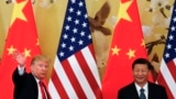 FILE - U.S. President Donald Trump waves next to Chinese President Xi Jinping after attending a joint press conference at the Great Hall of the People in Beijing. 