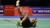 Reaksi Anthony Sinisuka Ginting saat memenangkan laga melawan pebulu tangkis Jepang, Kento Momota, dalam nomor tunggal putra di turnamen China Open 2018, yang berlangsung di Changzhou, Provinsi Jiangsu, Minggu, 23 September 2018.