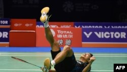 Anthony Ginting saat mengalahkan Kento Momota di final China Terbuka 2018, yang berlangsung di Changzhou, China, 23 September 2018.