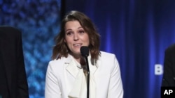 Brandi Carlile accepts the award for best American roots performance for "The Joke" at the 61st annual Grammy Awards, Feb. 10, 2019, in Los Angeles, California.