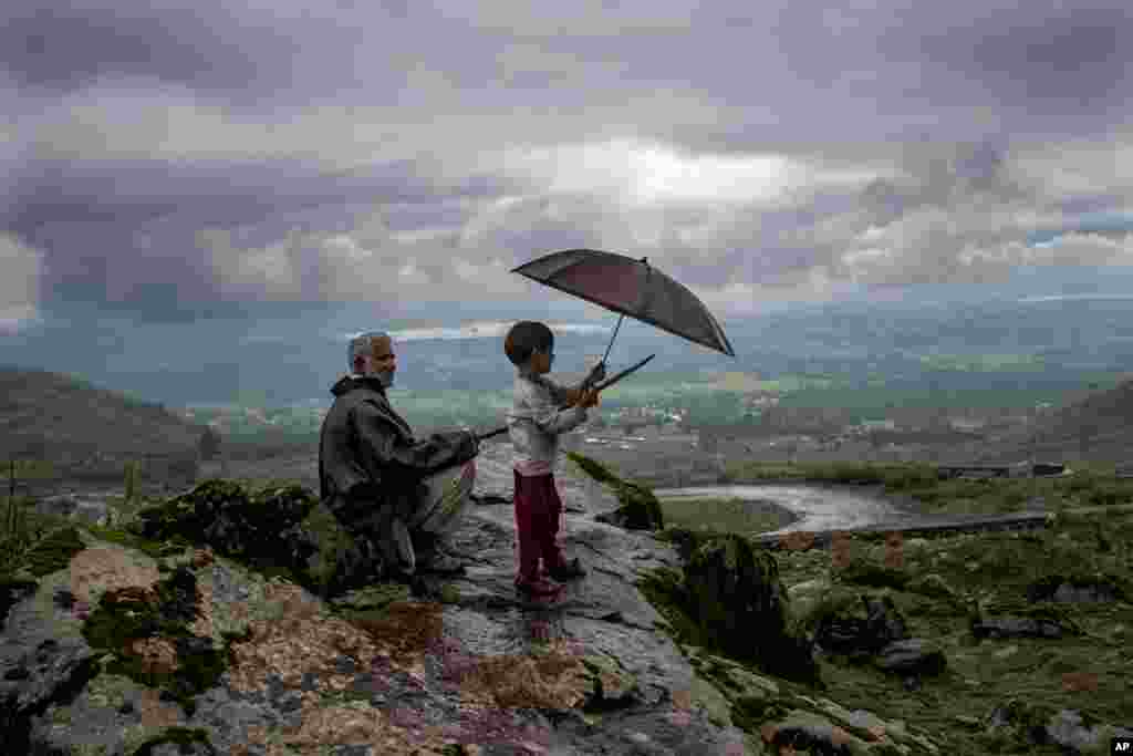 Ali Mohammad, a Kashmiri villager, and his grand son Burhan Ahmed keep an eye on their cattle from a hillock on the outskirts of Srinagar, Indian controlled Kashmir.