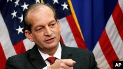 Labor Secretary Alex Acosta speaks during a media availability session at the Department of Labor, July 10, 2019, in Washington. 