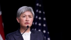 Menteri Luar Negeri Australia Penny Wong berbicara dalam konferensi pers di Annapolis, Maryland, Amerika Serikat, 6 Agustus 2024. (Susan Walsh/AP)