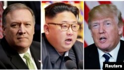 FILE - A combination photo shows CIA Director Mike Pompeo, left, in Washington, North Korean leader Kim Jong Un, center, in Pyongyang, North Korea, and U.S. President Donald Trump in Palm Beach, Florida.