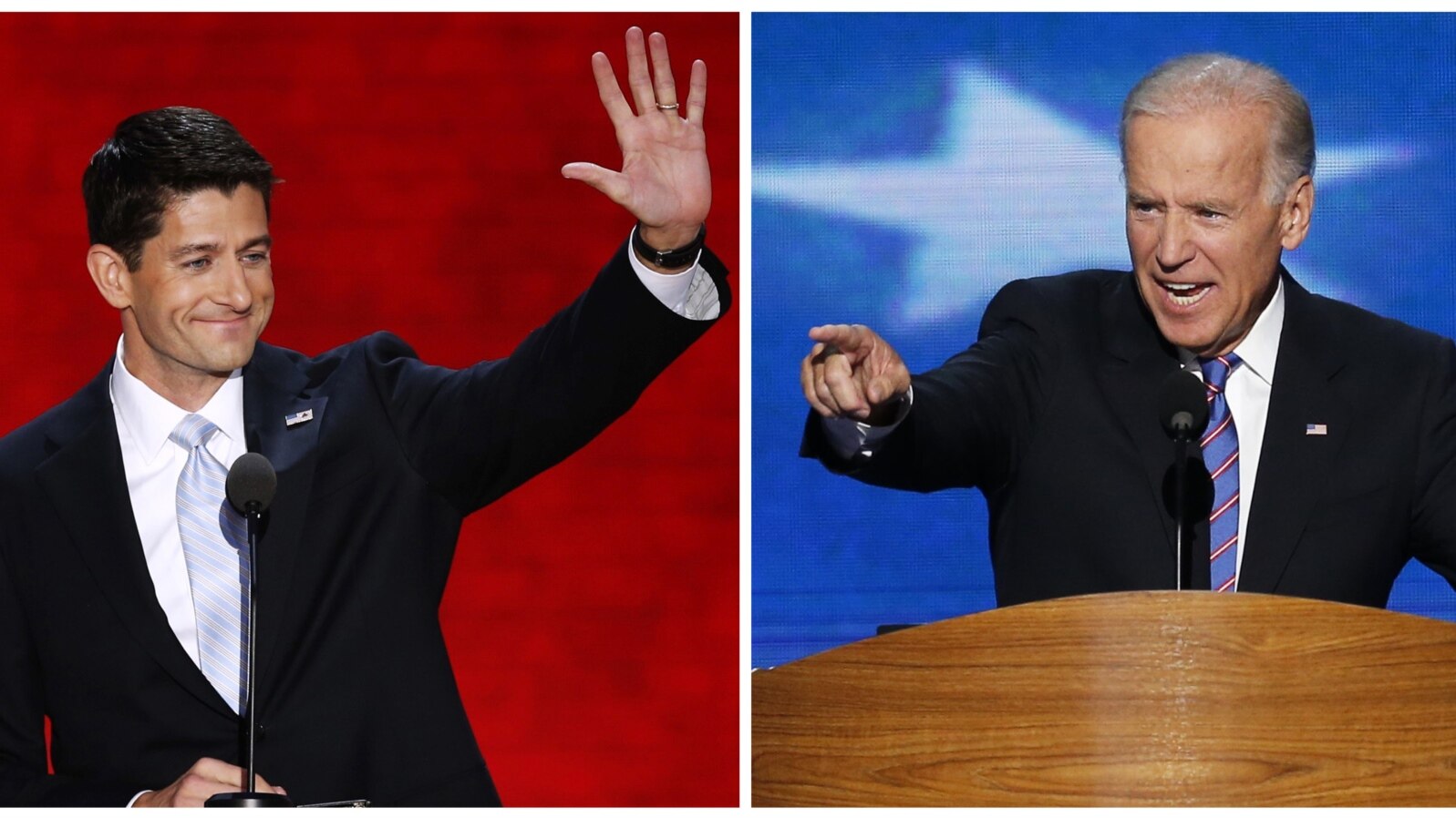 Vice President Joe Biden (R) speaking in Charlotte, North Carolina September 6, 2012, and Republican vice presidential nominee Paul Ryan, speaking in Tampa, Florida, August 29, 2012, are shown in this combination photo.
