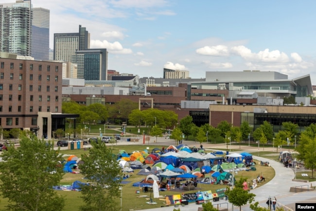 FILE - A cluster of tents are set up at an encampment in support of Palestinians in Gaza, amid the ongoing conflict between Israel and the Palestinian Islamist group Hamas, at the Auraria Campus in Denver, Colorado, U.S., May 10, 2024. (REUTERS/Kevin Mohatt)