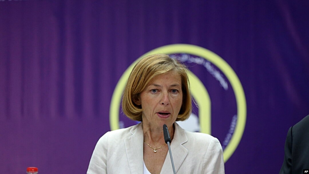 French Defence Minister Florence Parly speaks during a press conference in Baghdad, Iraq, Aug. 26, 2017.