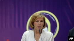 French Defence Minister Florence Parly speaks during a press conference in Baghdad, Iraq, Aug. 26, 2017.