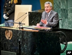 Ecuador's President Lenin Moreno Garcés, address the United Nations General Assembly, Sept. 25, 2018 at U.N. headquarters.