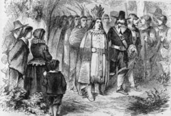 A 19th Century engraving shows Massasoit and the Plymouth Pilgrims between whom Squanto acted as interpreter.