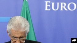 Italy's Prime Minister Mario Monti addresses a news conference at the EU Council in Brussels, November 22, 2011.