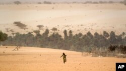 Une jeune fille à la recherche de l'eau sur les près d'un puits à Barrah, un village du désert dans la bande sahélienne du Tchad, 20 avril 2012.