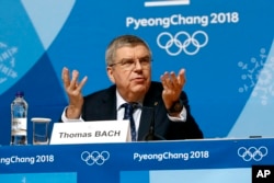 FILE - International Olympic Committee President Thomas Bach speaks at a news conference prior to the 2018 Winter Olympics in Pyeongchang, South Korea, Feb. 7, 2018.