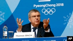 Ảnh tư liệu - Chủ tịch Ủy ban Thế vận hội Quốc tế (IOC) Thomas Bach phát biểu tại Thế vận hội mùa đông tại Pyeongchang, Hàn Quốc ngày 7/02/ 2018.