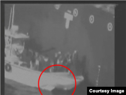 Screengrab from CENTCOM video suggesting Iranian involvement in a tanker attack, June 13, 2019.