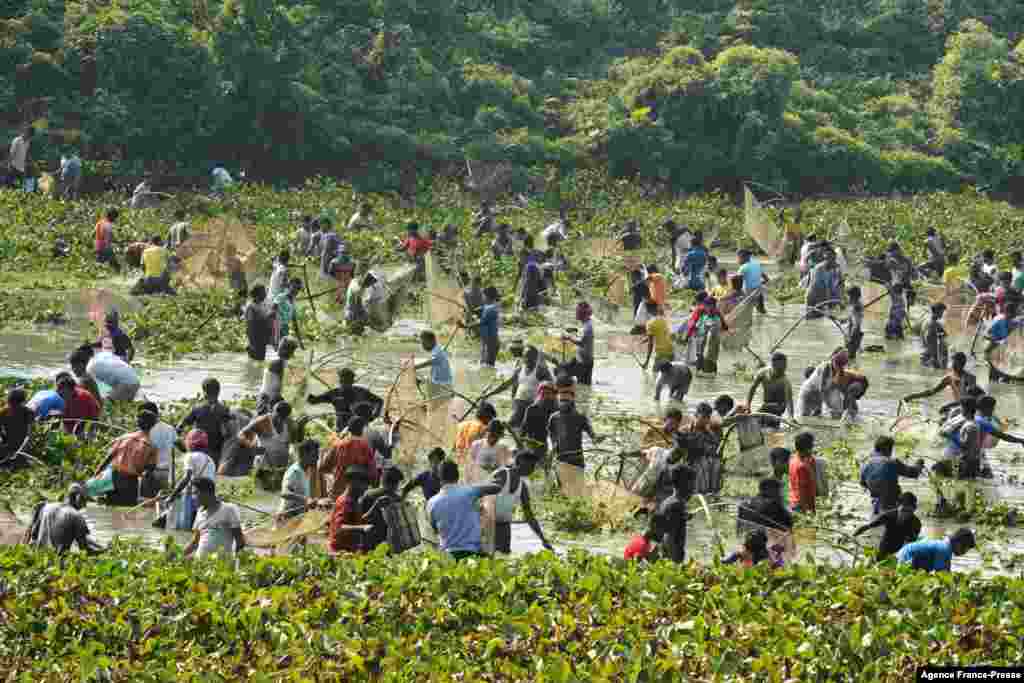 Villagers gather to fish in the waters after a barrage built on river Teesta was opened for maintainance at Fulbari village on the outskirts of Siliguri.