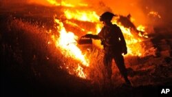 Un bombero enciende un contra-incendio en Clearlake, California.