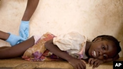 FILE - A girl grimaces as a health worker extracts a parasitic worm from her at a containment center in Savelugu, Ghana.