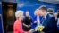 President of the European Commission, Ursula von der Leyen, left, is greeted as she arrives at the railway station in Kyiv, Ukraine, Sept. 20, 2024. 