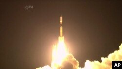 In this photo taken from video Japan's H-2B rocket lifts off from a launch pad at the Tanegashima Space Center in Tanegashima, southern Japan, Aug. 4, 2013. 