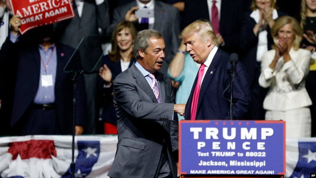 Republican presidential candidate Donald Trump welcomes Nigel Farage, left, ex-leader of the British UKIP party, to speak at a campaign rally in Jackson, Miss., Wednesday, Aug. 24, 2016.