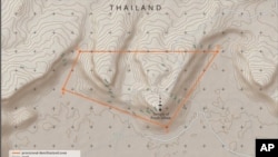 A July 18, 2011 sketch-map by the International Court of Justice shows an area around Cambodia's Preah Vihear temple and surrounding territories claimed by Thailand, which the Court identifies as a 'Provisional Demilitarized Zone.' The July 18 ruling is t