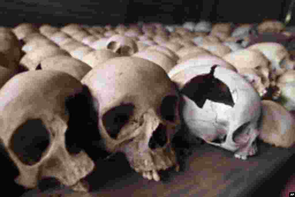 Shelves of skulls are seen at the Ntarama Genocide Memorial in Rwanda, June 19, 2002. As Rwandans prepare to go to the polls on August 9, though, rights groups say political repression is on the rise. Human Rights Watch, Amnesty International and some wes