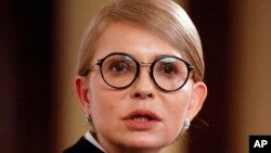 Former Ukrainian prime minister Yulia Tymoshenko speaks during her interview with The Associated Press in Kyiv, Ukraine, Feb. 4, 2019.