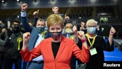 Scottish First Minister Nicola Sturgeon reacts after being declared the winner of the Glasgow Southside seat, at Glasgow counting center in the Emirates Arena in Glasgow, Scotland, Britain May 7, 2021. 