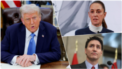 Kombinasi foto: Presiden AS Donald Trump, Presiden Meksiko Claudia Sheinbaum, dan Perdana Menteri Kanada Justin Trudeau (Foto: Reuters)