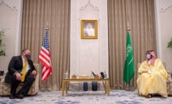 U.S. Secretary of State Mike Pompeo meets with Crown Prince Mohammed bin Salman during his visit to the Saudi Arabia, in Riyadh, Nov. 22, 2020.