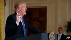 President Donald Trump speaks during a bill signing event for the "Department of Veterans Affairs Accountability and Whistleblower Protection Act of 2017" in the East Room of the White House, in Washington, June 23, 2017.