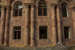 Windows were smashed and furniture splintered at a cultural center and music school in Nagorno-Karabakh, Oct. 11, 2020. (Yan Boechat/VOA)