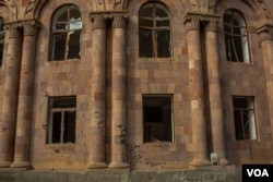 Windows were smashed and furniture splintered at a cultural center and music school in Nagorno-Karabakh, Oct. 11, 2020. (Yan Boechat/VOA)