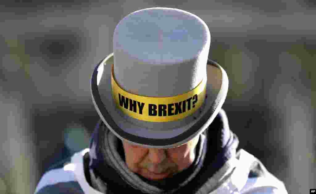 Anti-Brexit campaigner Steve Bray a stands outside Parliament in London.