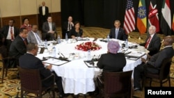 U.S. President Barack Obama holds a meeting on South Sudan and counterterrorism issues with African heads of state at his hotel in Addis Ababa, Ethiopia, July 27, 2015. 