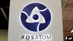 FILE - The logo of Russian state nuclear monopoly Rosatom is pictured at the World Nuclear Exhibition 2014 in Le Bourget, near Paris, Oct. 14, 2014.