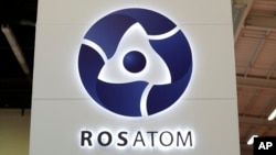 FILE - The logo of Russian state nuclear monopoly Rosatom is pictured at the World Nuclear Exhibition 2014, the trade fair event for the global nuclear energy sector, in Le Bourget, near Paris, Oct. 14, 2014.