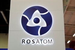 FILE - The logo of Russian state nuclear monopoly Rosatom at the World Nuclear Exhibition 2014, the trade fair event for the global nuclear energy sector, in Le Bourget, near Paris, Oct. 14, 2014.