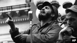 Rebel leader Fidel Castro makes a speech in Colon, Jan. 7, 1959. 