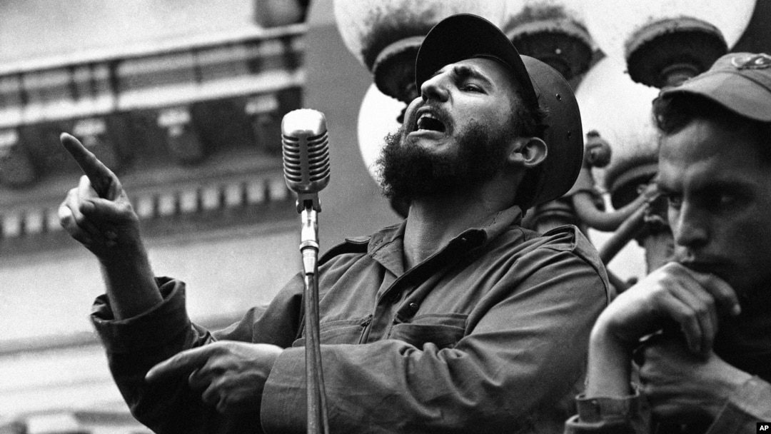 Rebel leader Fidel Castro makes a speech in Colon, Jan. 7, 1959. 