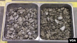 Researchers are testing two types of concrete aggregates - from pre-cast, unused slabs (left) and from demolished structures, with construction debris (right).